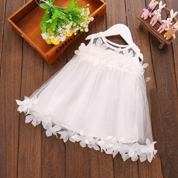 Φόρεμα αμάνικο με τούλι και λουλουδάκια στη μέση, λευκό